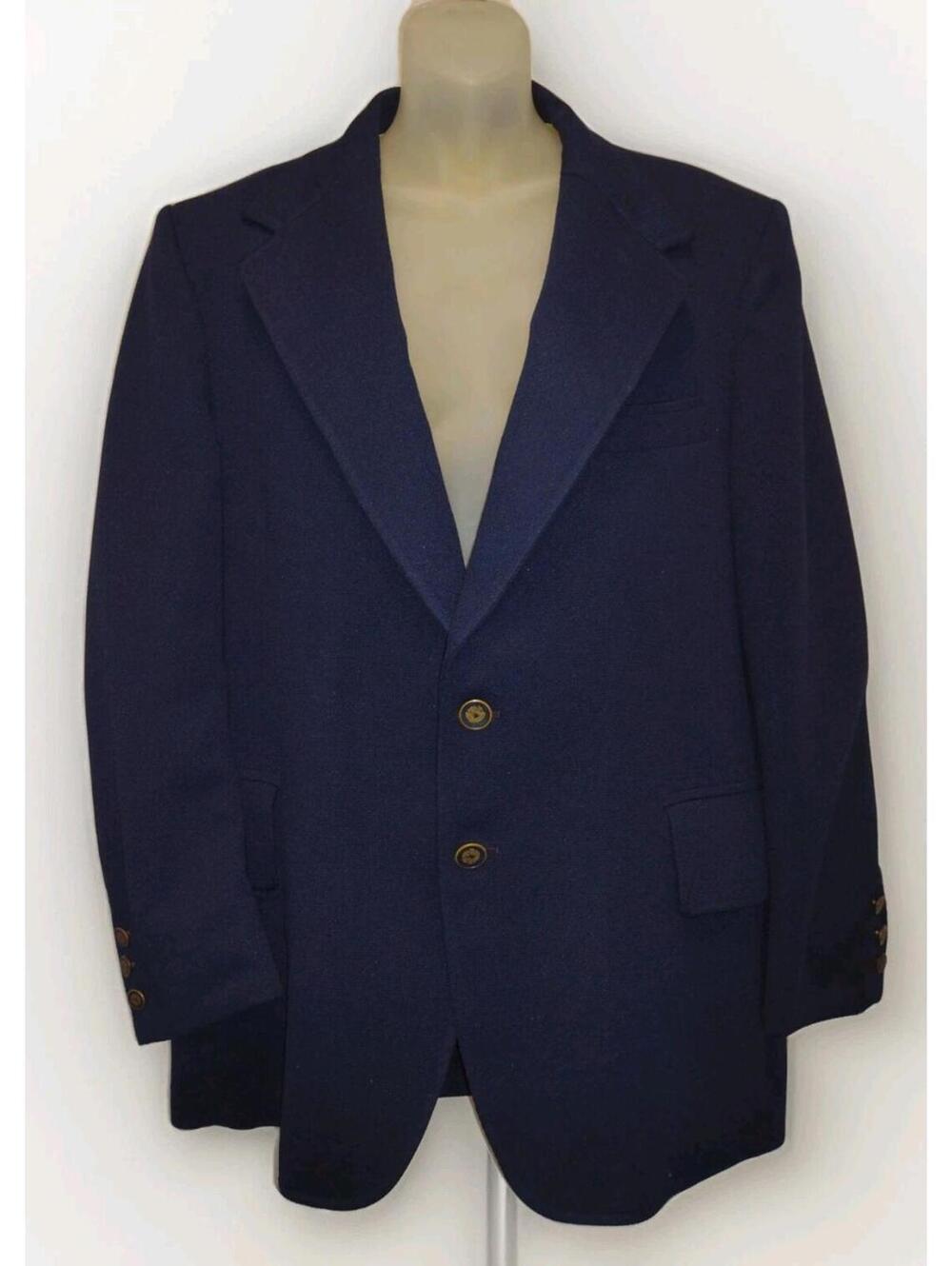 VTG 60s McGregor Navy Poly Blazer 2 Button Gold Crest 44R